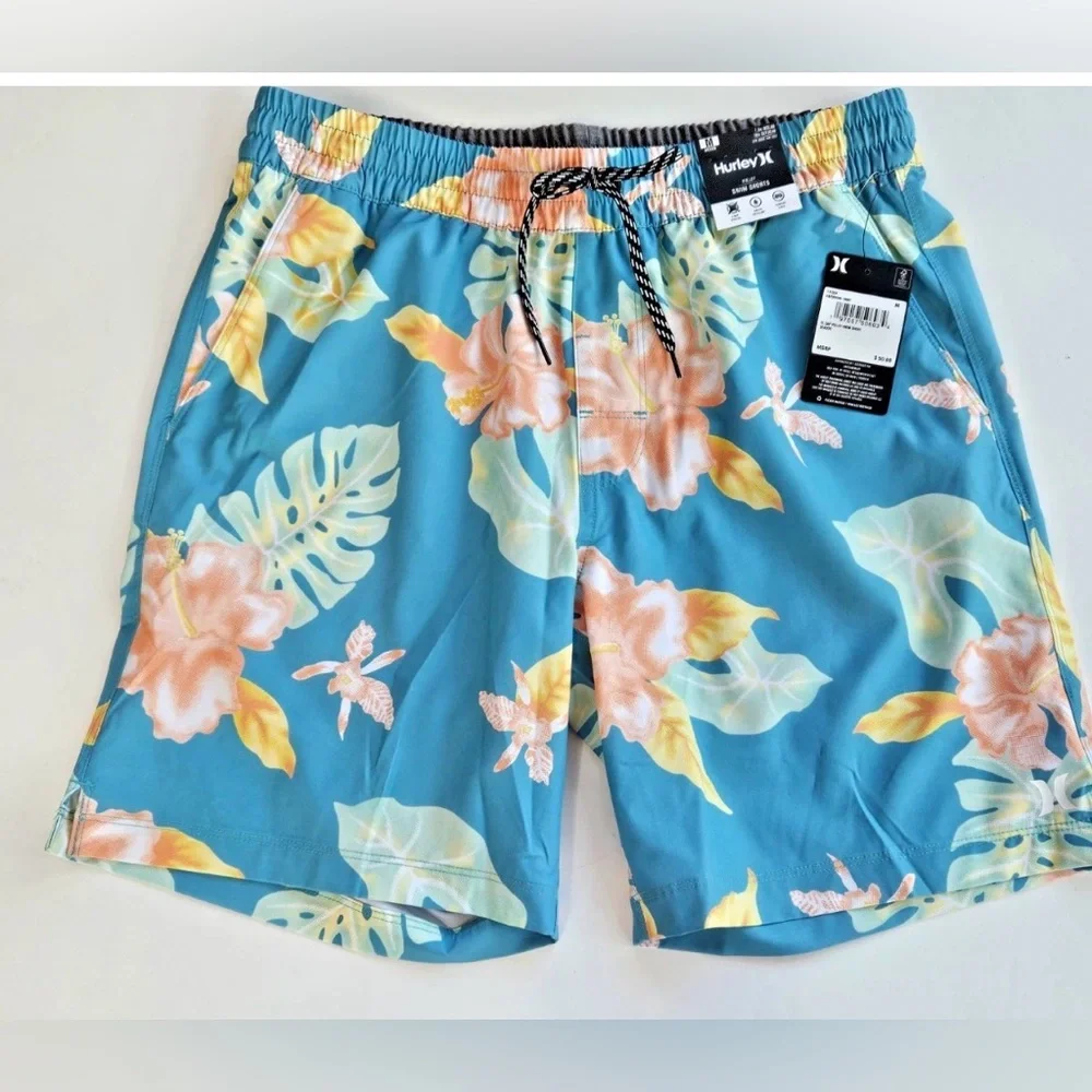 Hurley Men's Size M Volley Elastic Waist Hana Bay Green Swim Trunks Board Shorts